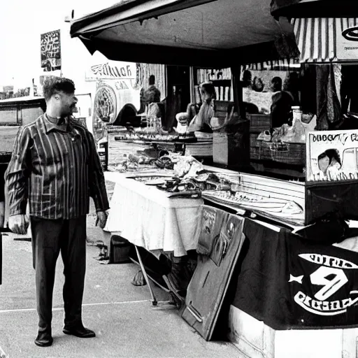 Prompt: superman selling hot dogs stand, poor, old clothes,