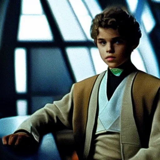 Image similar to young anakin skywalker from attack of the clones sitting at quark's bar on deep space nine, 3 5 mm photography, highly detailed, cinematic lighting, 4 k