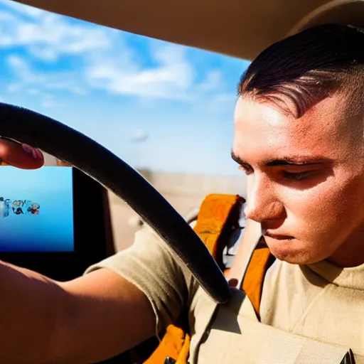 Image similar to a roman soldier taking a selfie inside of a car.