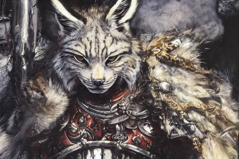 Image similar to 8k Yoshitaka Amano painting of upper body of a young cool looking lynx beast-man with white mane at a medieval market at windy day. Depth of field. He is wearing complex fantasy armors. He has huge paws. Renaissance style lighting.