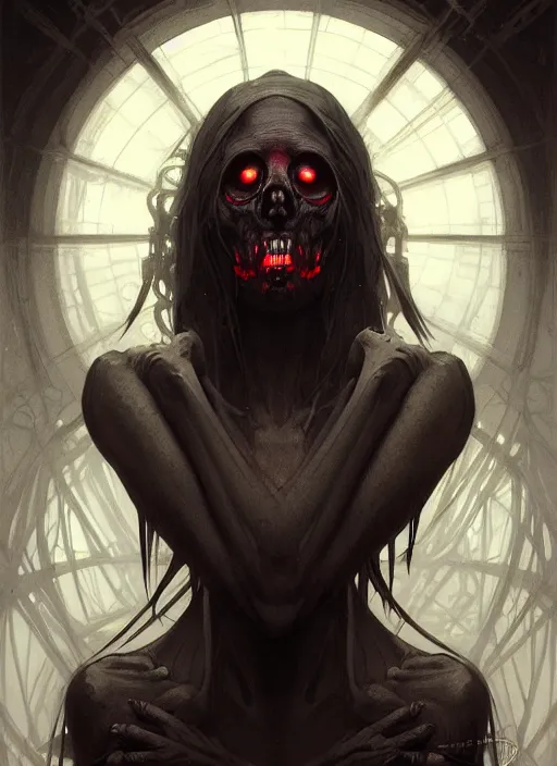 Image similar to symmetry!! portrait of a ghoul, horror, moody lights!! intricate, scary, highly detailed, digital painting, artstation, concept art, smooth, sharp focus, illustration, art by artgerm and greg rutkowski and alphonse mucha