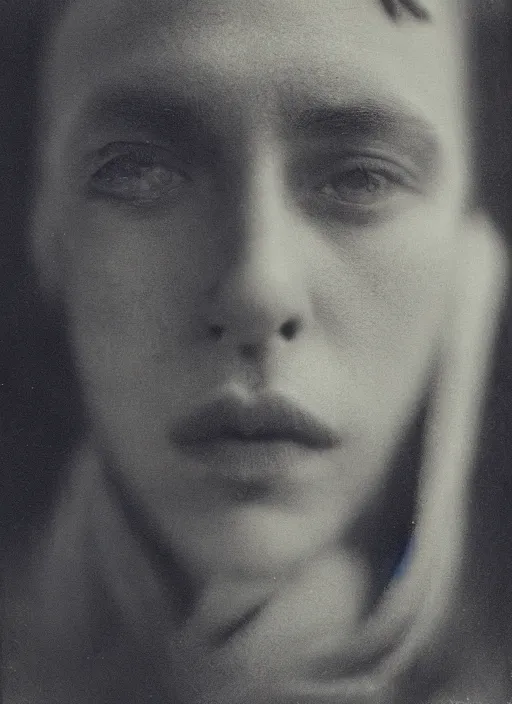 Image similar to dreamy close up portrait, photo realistic, elegant, award winning photograph, parallax, cinematic lighting, ambrotype wet plate collodion by martin shuller, richard avedon dorothe lange and and shane balkowitsch