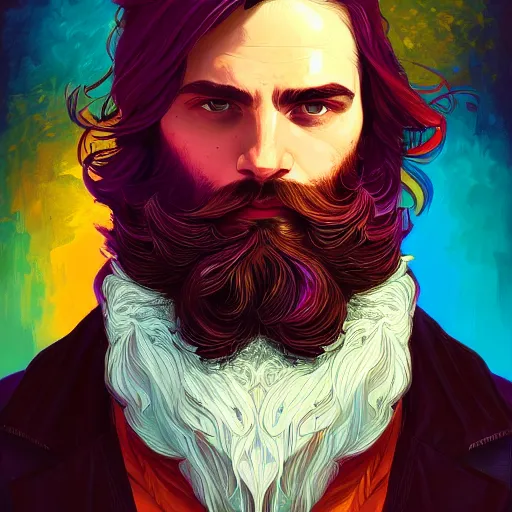 Prompt: Heartbreak, handsome, colorful, beard, long hair, male, dramatic lighting, face, upper body, detailed, intricate, elegant, highly detailed, digital painting, artstation, concept art, smooth, sharp focus, illustration, art by Sam Spratt, Dan Mumford, Artem Demura and Alphonse Mucha