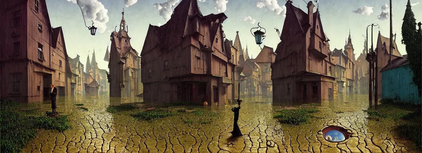 Image similar to flooded! old dark scary wooden empty cursed town street entrance, very coherent and colorful high contrast masterpiece by gediminas pranckevicius rene magritte norman rockwell franz sedlacek, full - length view, dark shadows, sunny day, hard lighting, reference sheet white background