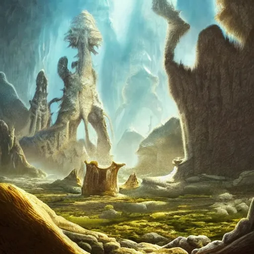 Image similar to large landscapes from another world, beautiful depiction, very detailed and weird animals, enhance lighting, strange buildings from ancient civilizations