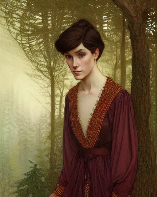 Image similar to symmetry portrait of welsh brunette student in mans tunic, embroidery, tomboy, short hair, intricate forest background, intricate, elegant, highly detailed, digital painting, artstation, concept art, smooth, sharp focus, illustration, art by artgerm and greg rutkowski and fra angelico and alphons mucha