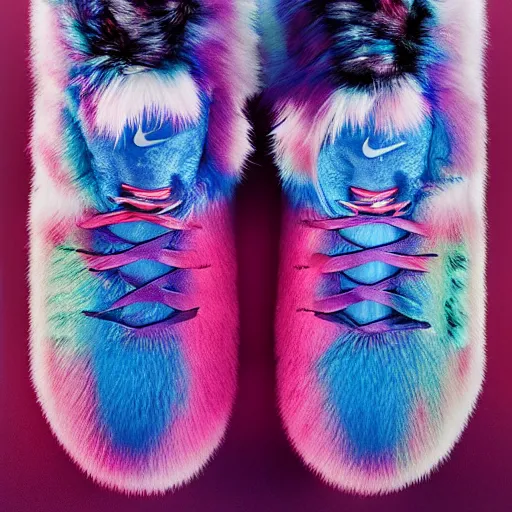 Image similar to poster nike shoe made of very fluffy colorful faux fur placed on reflective surface, professional advertising, overhead lighting, heavy detail, realistic by nate vanhook, mark miner