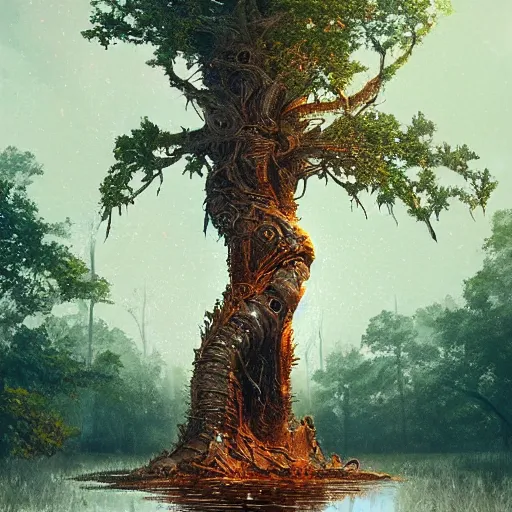 Prompt: 🍺💪🤖. a beautiful tree in the middle of a swamp, digital Art, Greg rutkowski, Trending artstation, cinematic