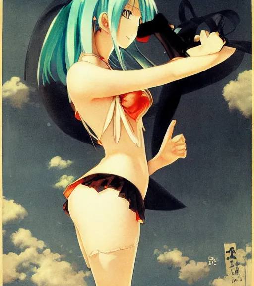 Prompt: Anime art very beautiful Hatsune miku by Gil Elvgren, Earl Moran, Enoch Bolles, symmetrical shoulders, thick body