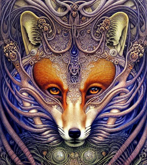 Prompt: detailed realistic beautiful fox goddess face portrait by jean delville, gustave dore, iris van herpen and marco mazzoni, art forms of nature by ernst haeckel, art nouveau, symbolist, visionary, gothic, neo - gothic, pre - raphaelite, fractal lace, intricate alien botanicals, ai biodiversity, surreality, hyperdetailed ultrasharp octane render