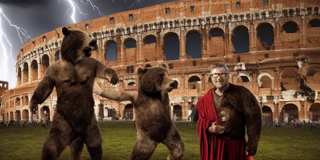 Image similar to Bill Gates dressed as a roman gladiator in front of an angry bear in the Colosseum. Film scene. Dramatic lightning. 4k.