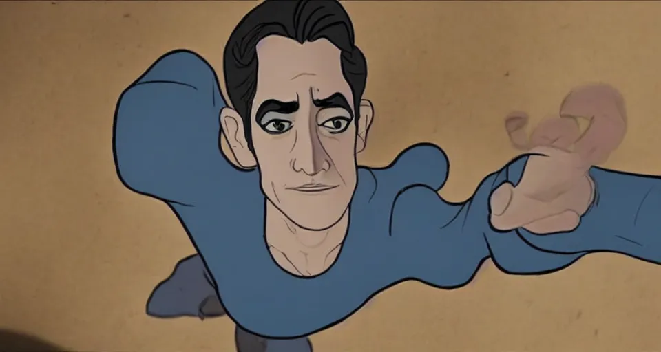 Image similar to Jake Gyllenhaal in Nightcrawler (2014) animated by Glen Keane, cinematography