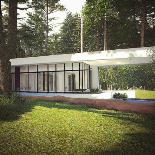 Image similar to “ large openings frame views of the villa's positioning amidst a fir - tree woodland, unreal engine 5 render ”