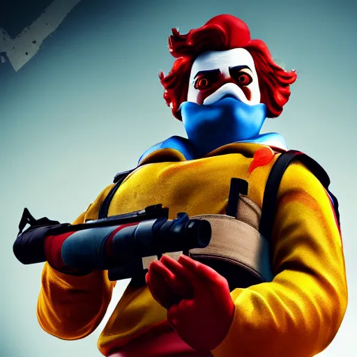 Image similar to ronald mcdonald in rainbow 6 siege, 4 k, hyper realistic, dslr, high resolution, landscape, beautiful