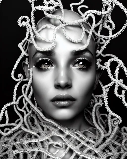 Image similar to surreal mythical dreamy artistic black and white fine art photo of a beautiful young female queen - medusa - cyborg covered with lace fish scales and translucent algae, highly detailed, intricate crystal ivy lace jelly fish scales ornate, poetic, octane render, 8 k, photo - realistic