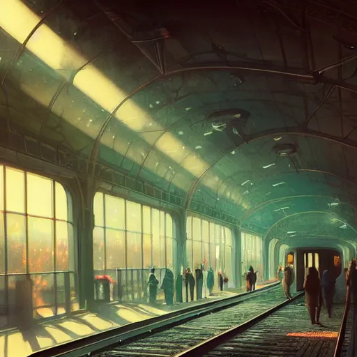 Image similar to retro futuristic vintage train station, atmospheric lighting, painted, intricate, volumetric lighting, beautiful, daytime, sunny weather, slight overcast, sharp focus, deep colours, ultra detailed, by leesha hannigan, ross tran, thierry doizon, kai carpenter, ignacio fernandez rios