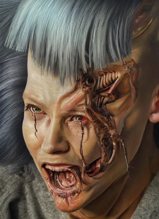 Prompt: realistic detailed painting, 👺, 🫁, 😭,, ✝, 🧚, the title of a hyper realistic painting that very detailed is the homonous cyber destrutus