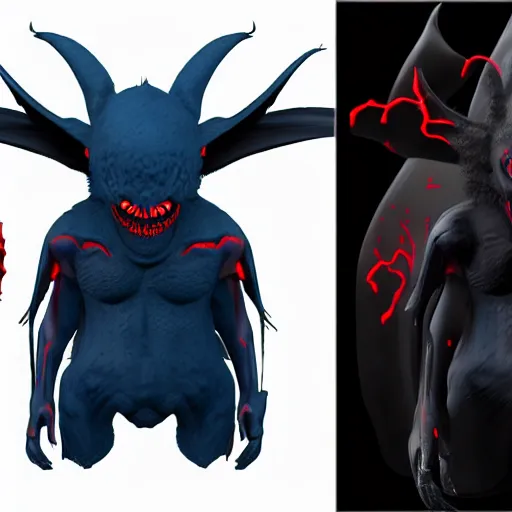 Image similar to front and back character view of scary giant mutant dark blue humanoid bat, glowing red eyes flying above a stormy ocean, sharp teeth, acid leaking from mouth, realistic, giant, bat ears, bat nose, bat claws, bat wings, furred, covered in soft fur, detailed, trending on artstation clean concept art and sheet that using unreal engine 5 render and hyper detailed 3D texture with cinematic software light 85mm f/1.4