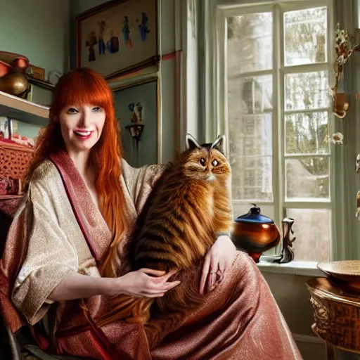 Image similar to a stunning hyper-detailed photorealistic painting of only one slender beautiful smiling woman with long ginger hair and bangs, wearing a luxurious silk robe, wearing headphones and posing with her large ginger tabby cat and her raccoon and parrots in an overstuffed easy chair in her sunlit victorian living room, holding a porcelain parrot-shaped coffee mug and a donut, perfect eyes, fashion photography, cinematic lighting, octane render, IBEX Masters, unreal engine, 85 mm lens, paisley wallpaper