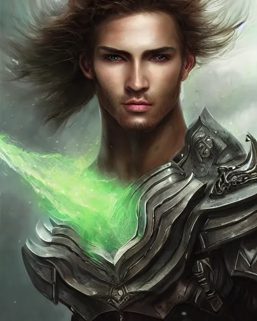 Image similar to a beautiful male warrior, perfect face with green eyes, 8 k, hyperrealistic, hyperdetailed, amazing ratio, fantasy portrait by laura sava