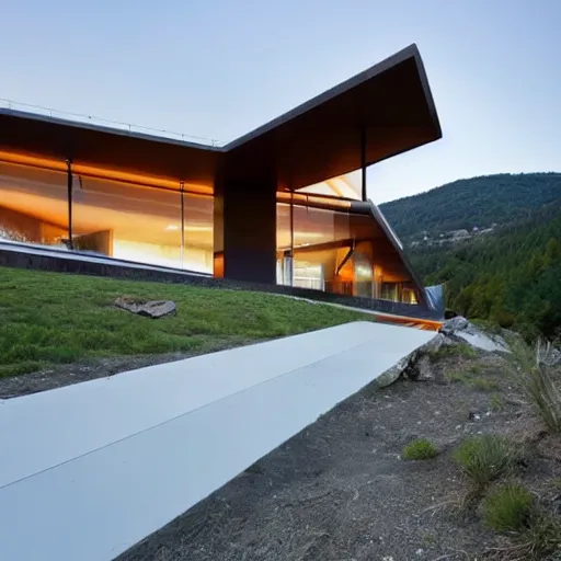 Prompt: an ultra modern home on the edge of a mountain