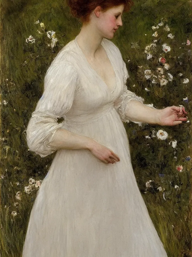 Image similar to portrait of a woman in a white dress, Ophelia , painted by John Everett Millais.