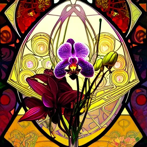Image similar to intricate dmt orchid flower, art by collier, albert aublet, krenz cushart, artem demura, alphonse mucha