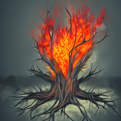 Image similar to evil tree on fire, photorealism, sharp focus