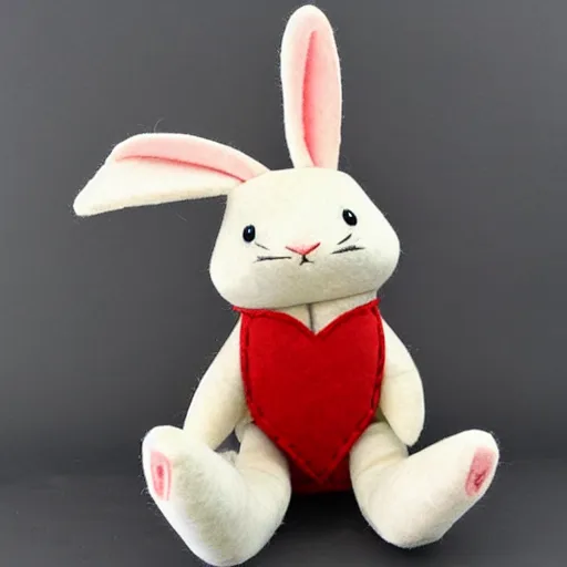 Image similar to a cute elegant felt plush doll of a rabbit wearing overalls detailed highly realistic