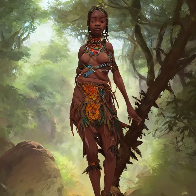 a female tribal warrior in the jungle, african. By