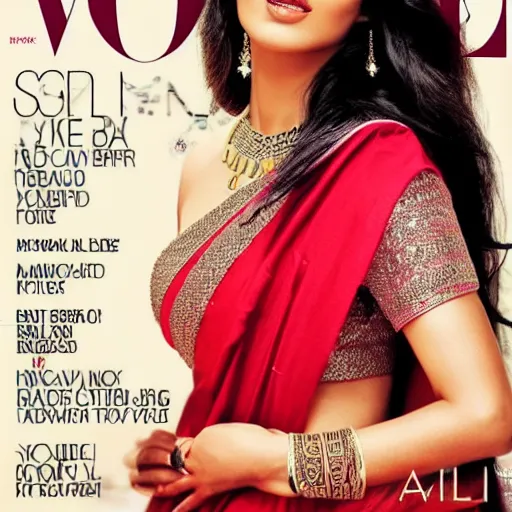 Image similar to a hot girl in a saree Vogue magazine cover photo