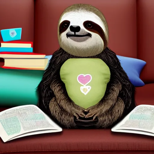 Image similar to sloth wearing diaper, sitting on couch, beside pile of books