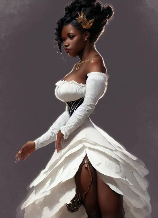 Image similar to cute black woman wearing a white corset dress, fantasy, intricate, highly detailed, digital painting, artstation, concept art, wallpaper, smooth, sharp focus, illustration, art by artgerm and greg rutkowski and alphonse mucha