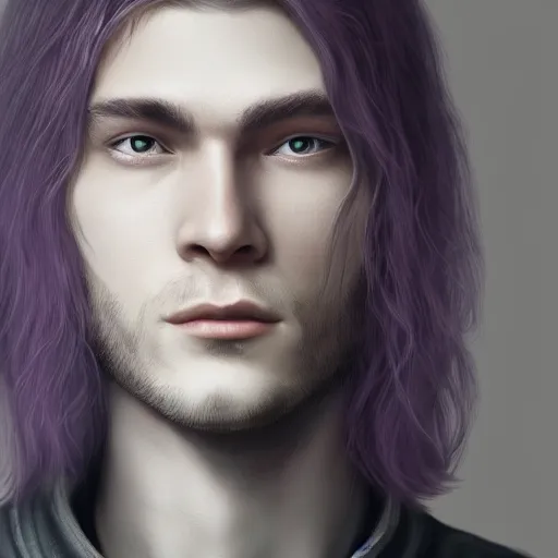 Image similar to a highly detailed Portrait of a young man with light gray long hair, purple eyes, in a black cloak, artstation, DeviantArt, professional, octane render