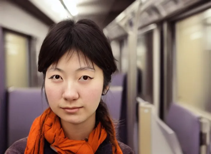 Image similar to photo of a young japanese woman on a train at night