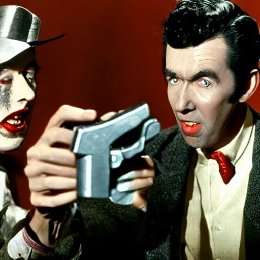 Image similar to scene from the horror picture show with james stewart!!!! james stewart!!!! is acting surprised and holds a revolver