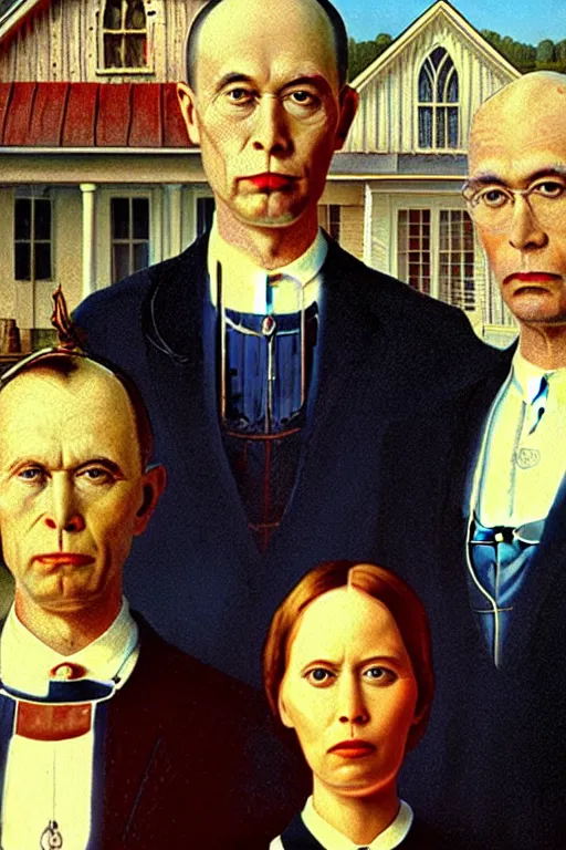 Image similar to Elon Musk with Dmitry Rogozin in style of a painting American Gothic by Grant Wood,