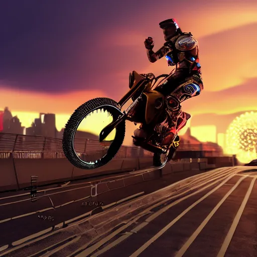 Image similar to a cyberpunk motocross cycle, sunset, 8 k, trending on artstation, exciting, action shot, total shot