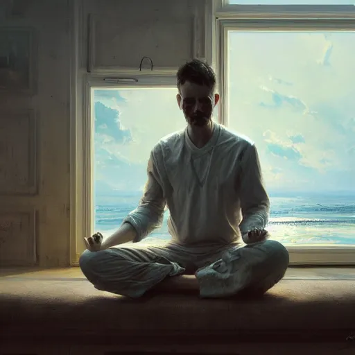 Image similar to patrick maritime meditates, hyperrealism, no blur, 4 k resolution, ultra detailed, style of ron cobb, adolf hiremy - hirschl, ismail inceoglu, rene margitte