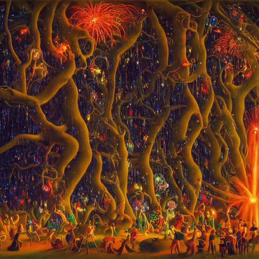 Prompt: closeup of a night carnival inside a tree cavity in a magical forest in the middle of a summer storm, with a music scenario with many fireworks and christmas lights, volumetric lightning, instense god rays in the sky, folklore people disguised with fantastic creatures in a magical forest by summer night, masterpiece painted by alphonse osbert, very coherent and colorful high contrast masterpiece,