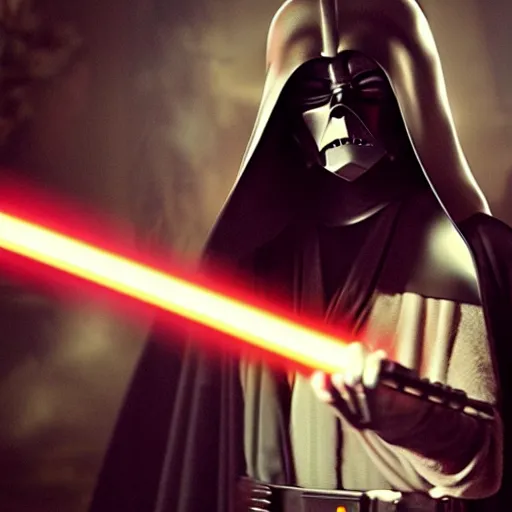 Image similar to emma watson as a sith lord with a cloak and a lightsaber