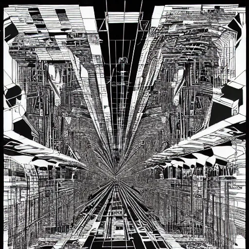 Image similar to Technical drawing of abandoned graffiti architecture fused with color glitch fused with geo strata chart fused with broken floor plans, highly detailed , black and white color scheme, fine lines and graphite, stanley donwood,