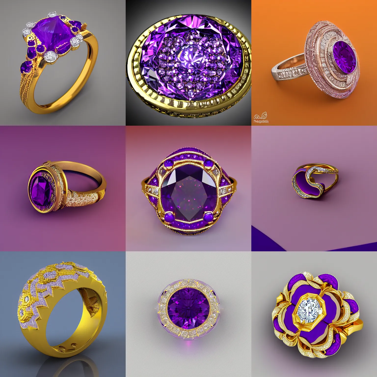 Prompt: mystical gold and diamond ring with fine purple details, ultra detailed, centered, octane render, elegant