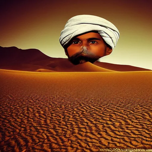 Image similar to low quality image of an indian man in a turban floating above a desert