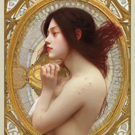 Image similar to lucid dreaming of a faceless girl bleeding into a mirror, intricate, art by artgerm and greg rutkowski and alphonse mucha and william - adolphe bouguereau, high detailed, 4 k,