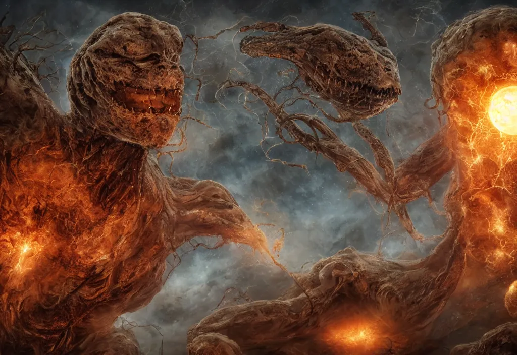 Image similar to eldritch horror bloody garfield in space, hd, 8 k, giant, epic, realistic photo, unreal engine, prophecy, powerful, cinematic lighting, destroyed planet, debris, violent, sinister, ray tracing, dynamic, epic composition, dark, horrific, teeth, grotesque, monochrome drawing, hellscape, corpses, foreboding, lightning, cartoon eyes