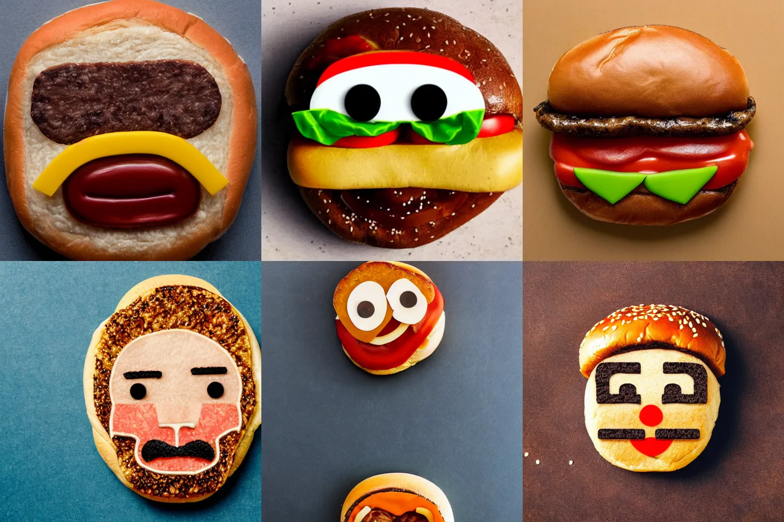 Prompt: a man's face on a hamburger with a sesame seed bun. top down view.