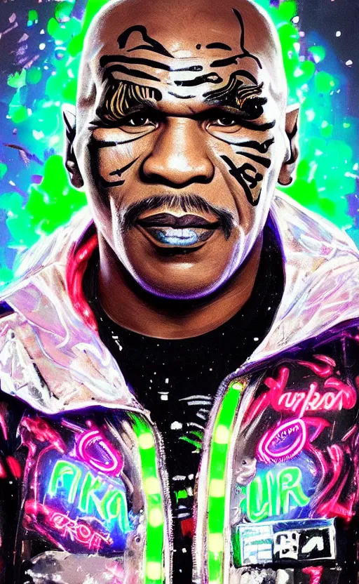 Image similar to detailed portrait Mike Tyson Neon Operator, cyberpunk futuristic neon, reflective puffy coat, decorated with traditional Japanese ornaments by Ismail inceoglu dragan bibin hans thoma !dream detailed portrait Neon Operator Girl, cyberpunk futuristic neon, reflective puffy coat, decorated with traditional Japanese ornaments by Ismail inceoglu dragan bibin hans thoma greg rutkowski Alexandros Pyromallis Nekro Rene Maritte Illustrated, Perfect face, fine details, realistic shaded, fine-face, pretty face