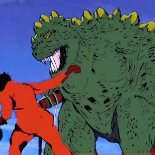 Prompt: a dog bigger than the mount everest fighting neon genesis godzilla with nunchakus