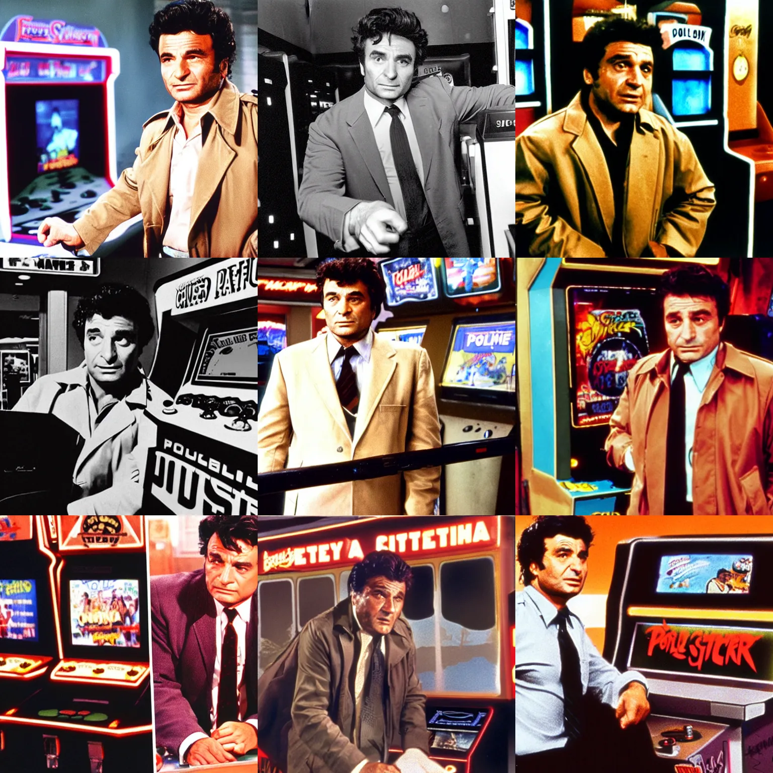 Prompt: a young peter falk as police detective columbo in his messy tan trenchcoat, looking confused at an arcade cabinet for streetfighter, in color